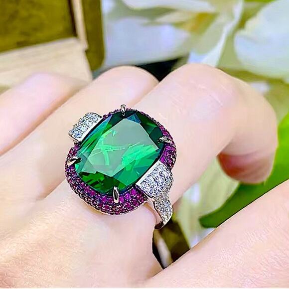 Sterling Silver Emerald Purple Gemstone Statement Ring - Picture 5 of 9